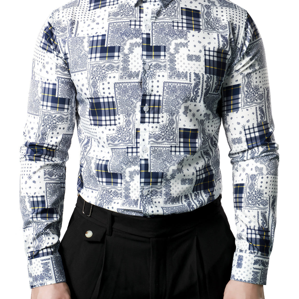 Men's Casual Paisley Check Print Checkered Patchwork White Long Sleeve Shirt