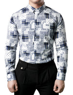 Men's Casual Paisley Check Print Checkered Patchwork White Long Sleeve Shirt