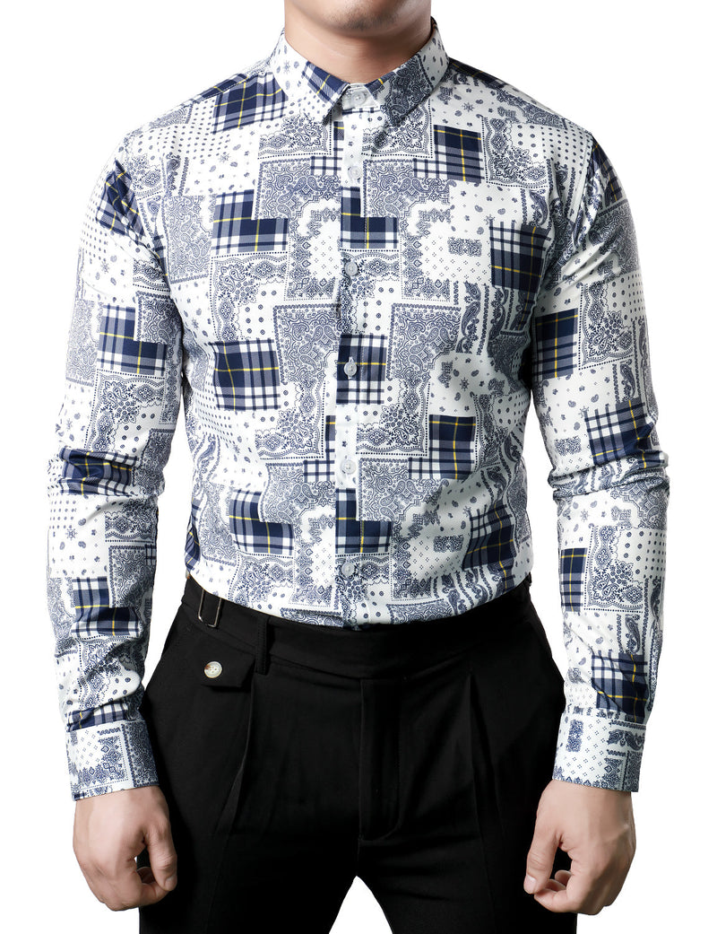Men's Casual Paisley Check Print Checkered Patchwork White Long Sleeve Shirt