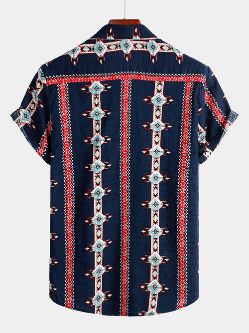 Men's Navy Blue Retro Short Sleeve Cotton Shirt