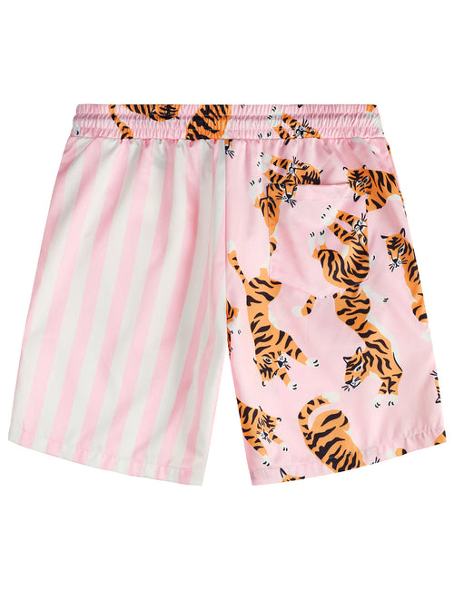 Men's Tiger and Pink Striped Beach Hawaiian Aloha Summer Shorts