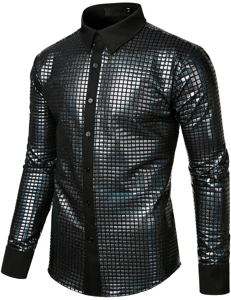 Men's Dress Shirt Sequins Button Down Long Sleeve Shirts Disco Party Costume