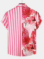 Men's Pink Short Sleeve Striped Pocket Hawaiian Shirt