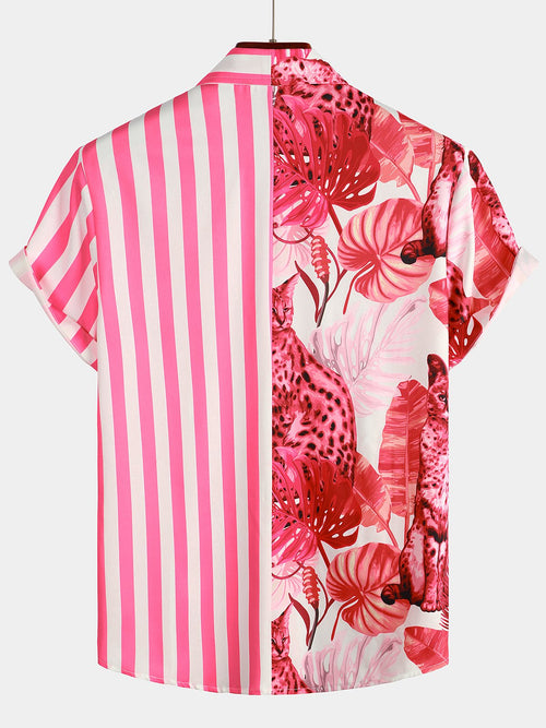 Men's Pink Short Sleeve Striped Pocket Hawaiian Shirt