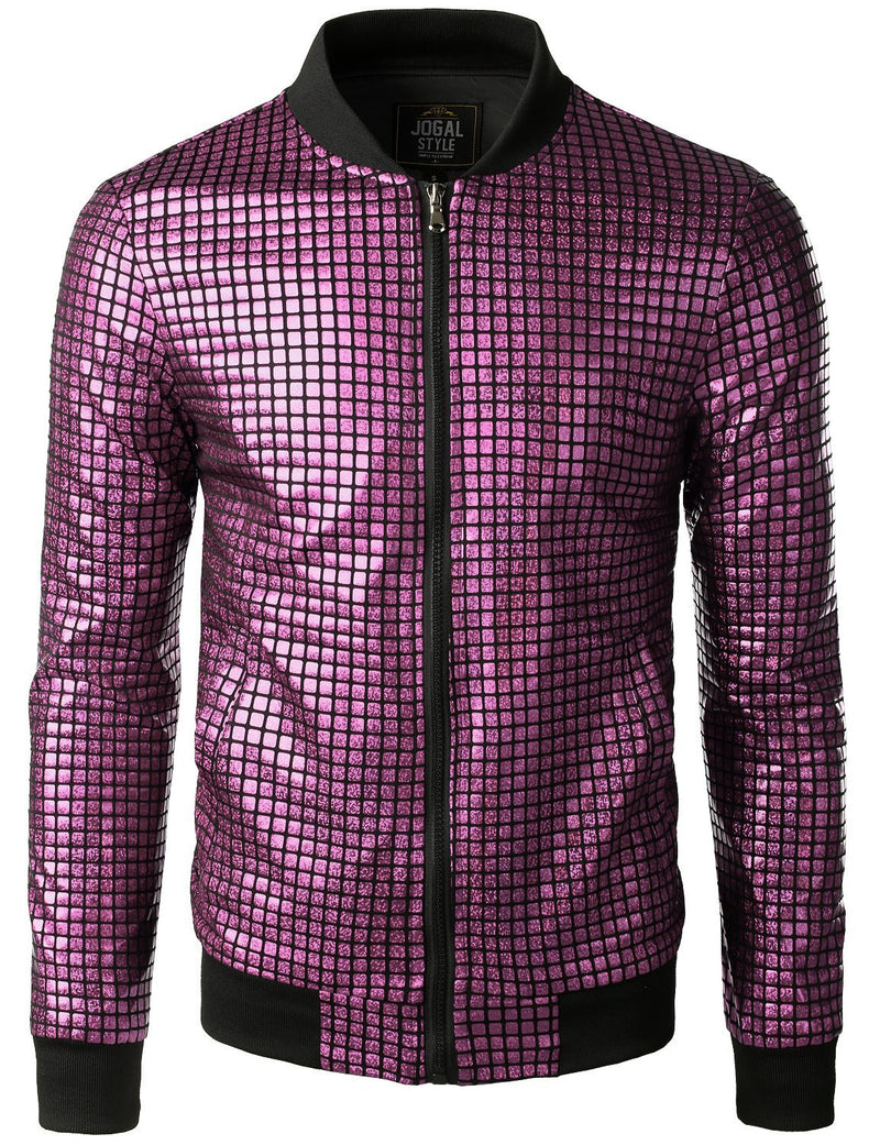 Men's Metallic Sequins Baseball Bomber Jacket Disco Party Costume