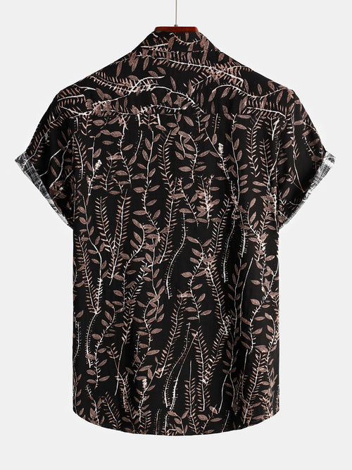 Men's Casual Retro Plant Leaf Black Button Up Summer Short Sleeve Shirt