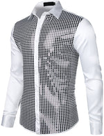 Mens Dress Shirt Silver Sequins Long Sleeve Button Down Disco Shirt Party Costume