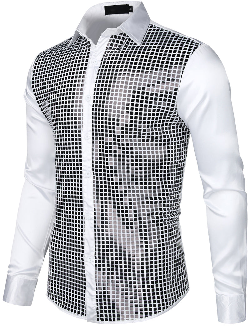 Mens Dress Shirt Silver Sequins Long Sleeve Button Down Disco Shirt Party Costume
