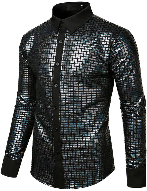 Men's Dress Shirt Sequins Button Down Long Sleeve Shirts Disco Party Costume