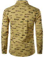Men's Cotton Alphabet Letter Print Yellow Button Long Sleeve Shirt
