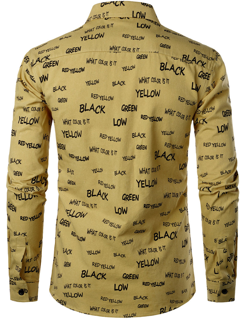Men's Cotton Alphabet Letter Print Yellow Button Long Sleeve Shirt