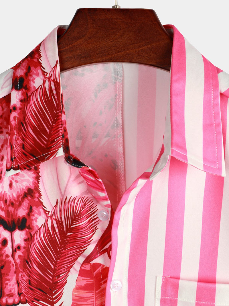 Men's Pink Short Sleeve Striped Pocket Hawaiian Shirt