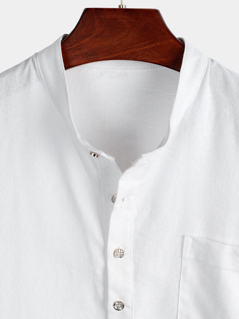Men's Solid Color Stand Collar Half Button Pocket Front Shirt