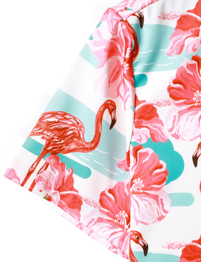 Men's Floral Flamingo Hawaiian Animal Pink Striped Flowers Aloha Short Sleeve Vacation Beach Shirt