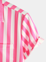 Men's Pink Short Sleeve Striped Pocket Hawaiian Shirt