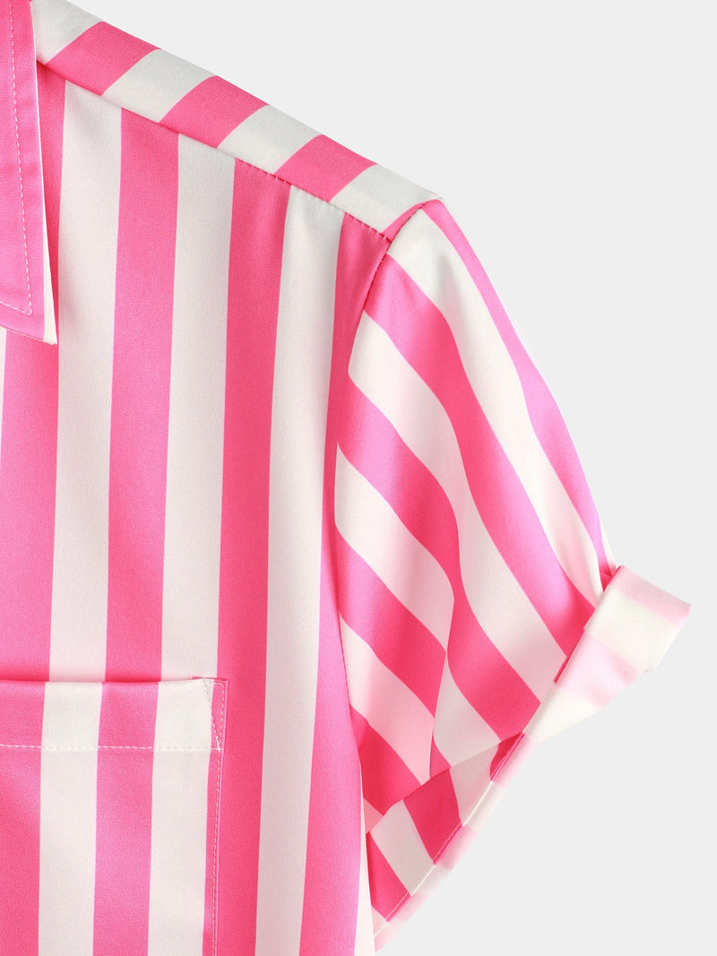 Men's Pink Short Sleeve Striped Pocket Hawaiian Shirt