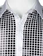 Mens Dress Shirt Silver Sequins Long Sleeve Button Down Disco Shirt Party Costume