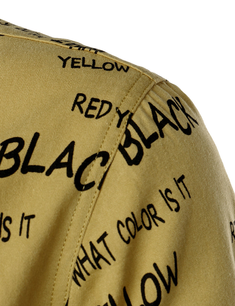 Men's Cotton Alphabet Letter Print Yellow Button Long Sleeve Shirt