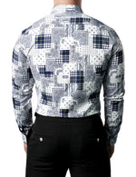 Men's Casual Paisley Check Print Checkered Patchwork White Long Sleeve Shirt