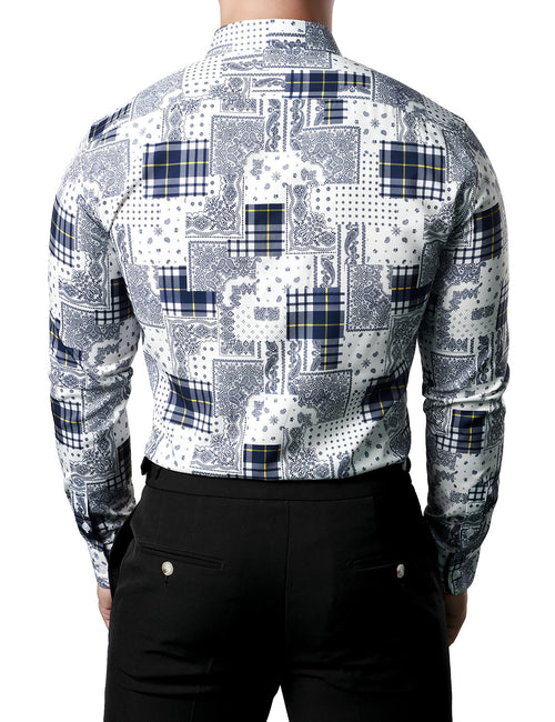 Men's Casual Paisley Check Print Checkered Patchwork White Long Sleeve Shirt