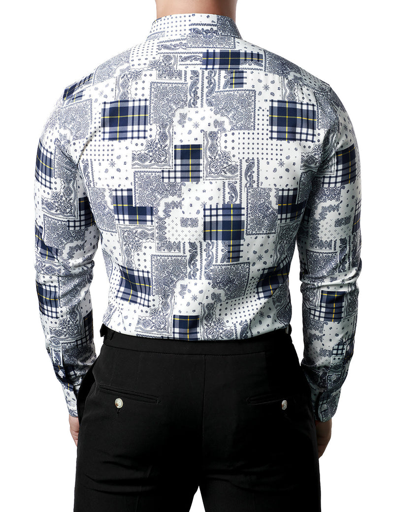 Men's Casual Paisley Check Print Checkered Patchwork White Long Sleeve Shirt