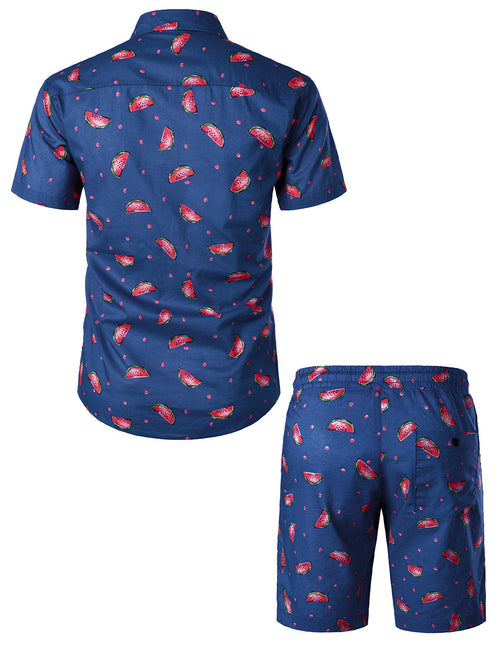 Men's Watermelon Print Cotton Hawaiian Shirt & Shorts Set
