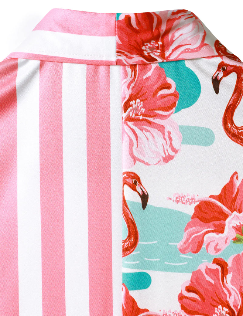 Men's Floral Flamingo Hawaiian Animal Pink Striped Flowers Aloha Short Sleeve Vacation Beach Shirt