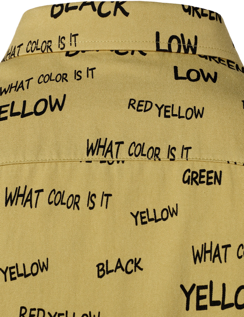 Men's Cotton Alphabet Letter Print Yellow Button Long Sleeve Shirt
