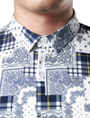 Men's Casual Paisley Check Print Checkered Patchwork White Long Sleeve Shirt