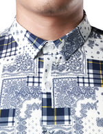 Men's Casual Paisley Check Print Checkered Patchwork White Long Sleeve Shirt