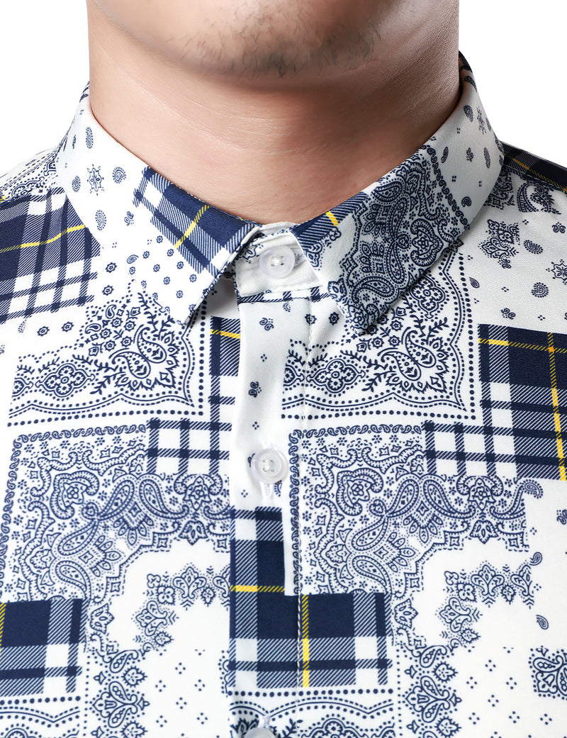 Men's Casual Paisley Check Print Checkered Patchwork White Long Sleeve Shirt
