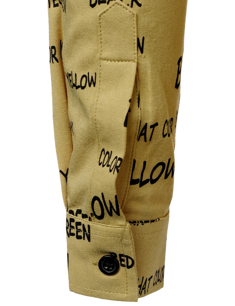 Men's Cotton Alphabet Letter Print Yellow Button Long Sleeve Shirt
