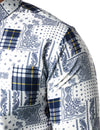 Men's Casual Paisley Check Print Checkered Patchwork White Long Sleeve Shirt