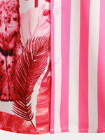 Men's Pink Short Sleeve Striped Pocket Hawaiian Shirt