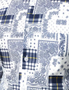 Men's Casual Paisley Check Print Checkered Patchwork White Long Sleeve Shirt
