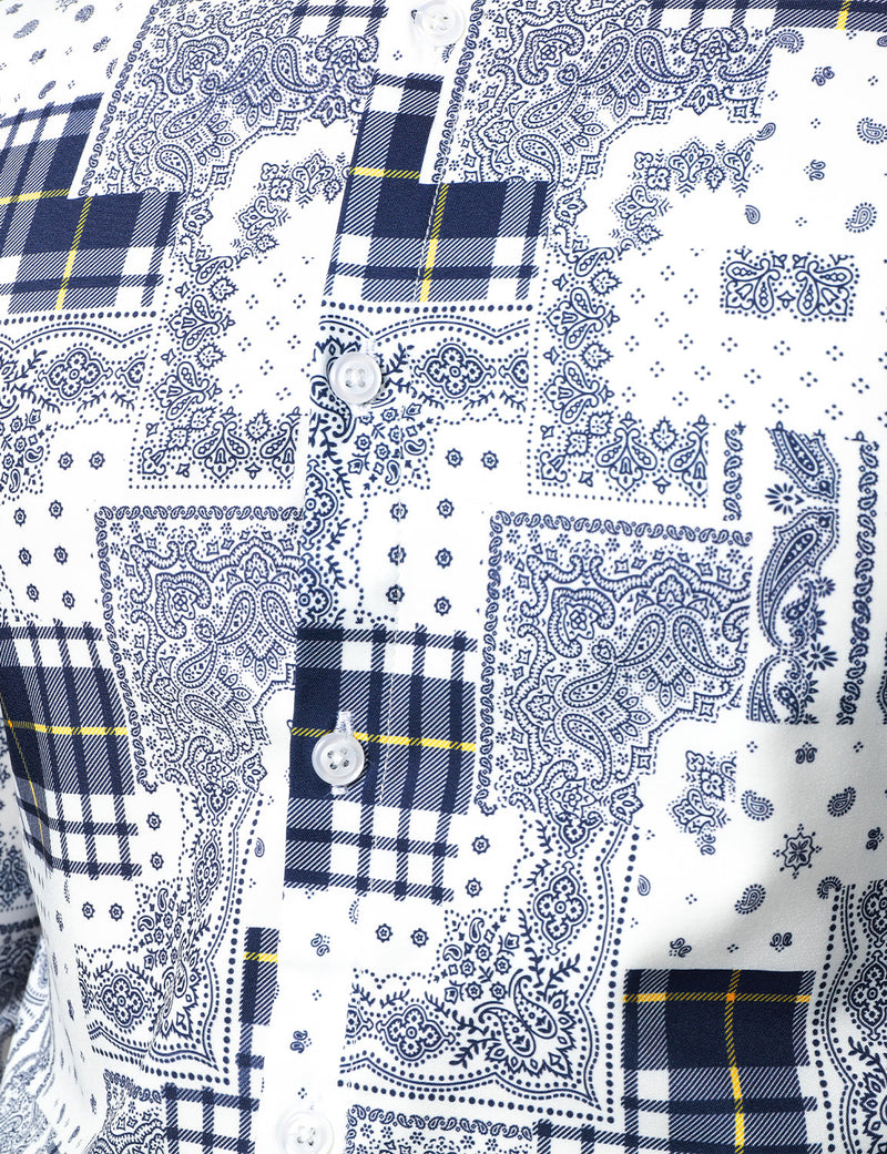 Men's Casual Paisley Check Print Checkered Patchwork White Long Sleeve Shirt