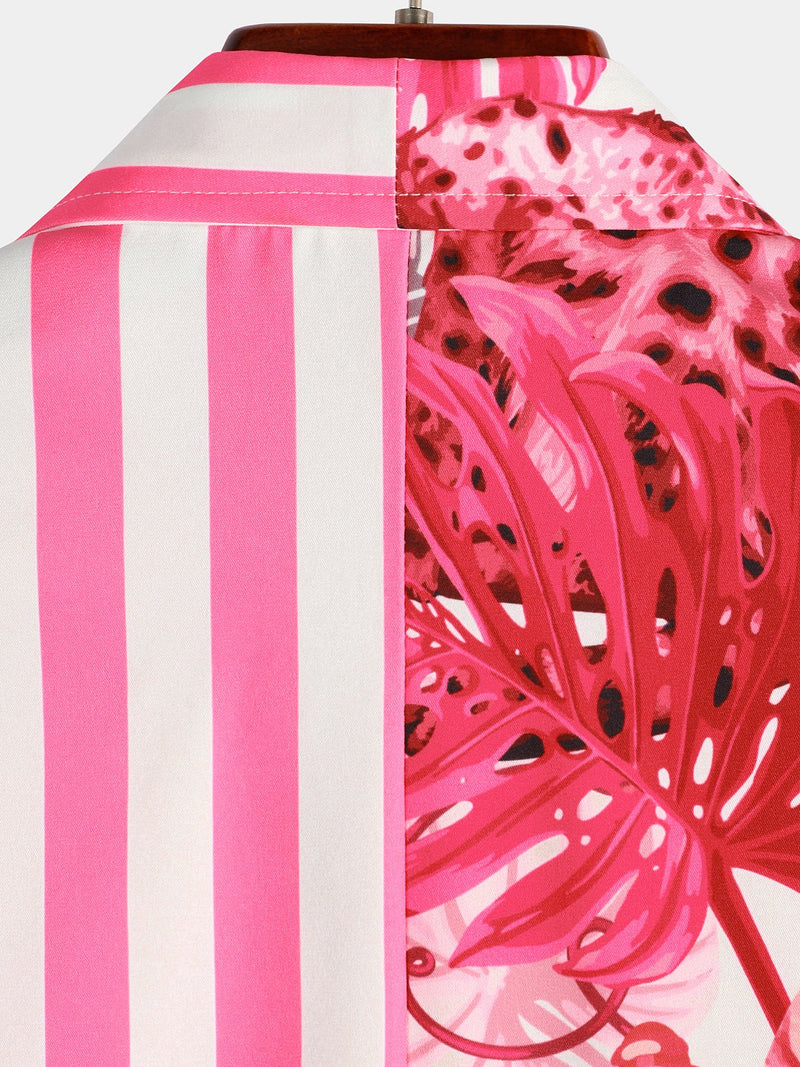 Men's Pink Short Sleeve Striped Pocket Hawaiian Shirt