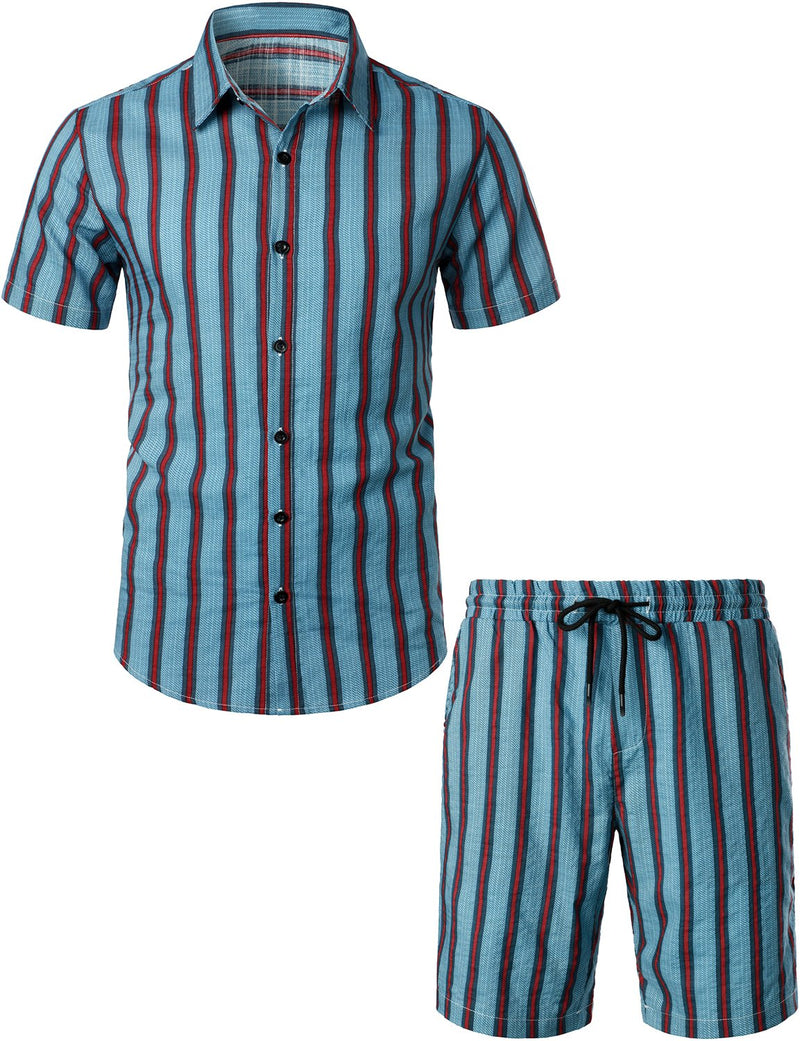 Men's Blue Stripe Casual Button Up Hawaiian Shirts & Shorts Set