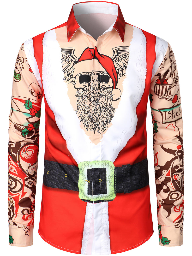 Men's Christmas Print Funny Novelty Cool Skull Ugly Regular Fit Long Sleeve Shirt