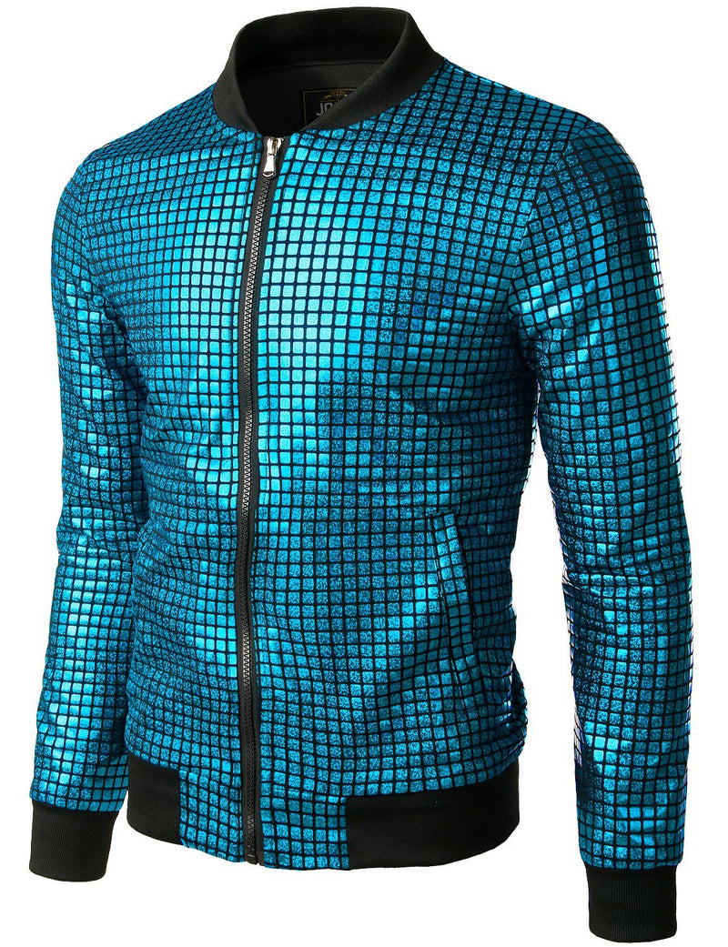 Men's Metallic Sequins Baseball Bomber Jacket Disco Party Costume