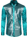Mens Dress Shirt Silver Sequins Long Sleeve Button Down Disco Shirt Party Costume