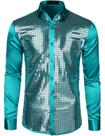 Mens Dress Shirt Silver Sequins Long Sleeve Button Down Disco Shirt Party Costume