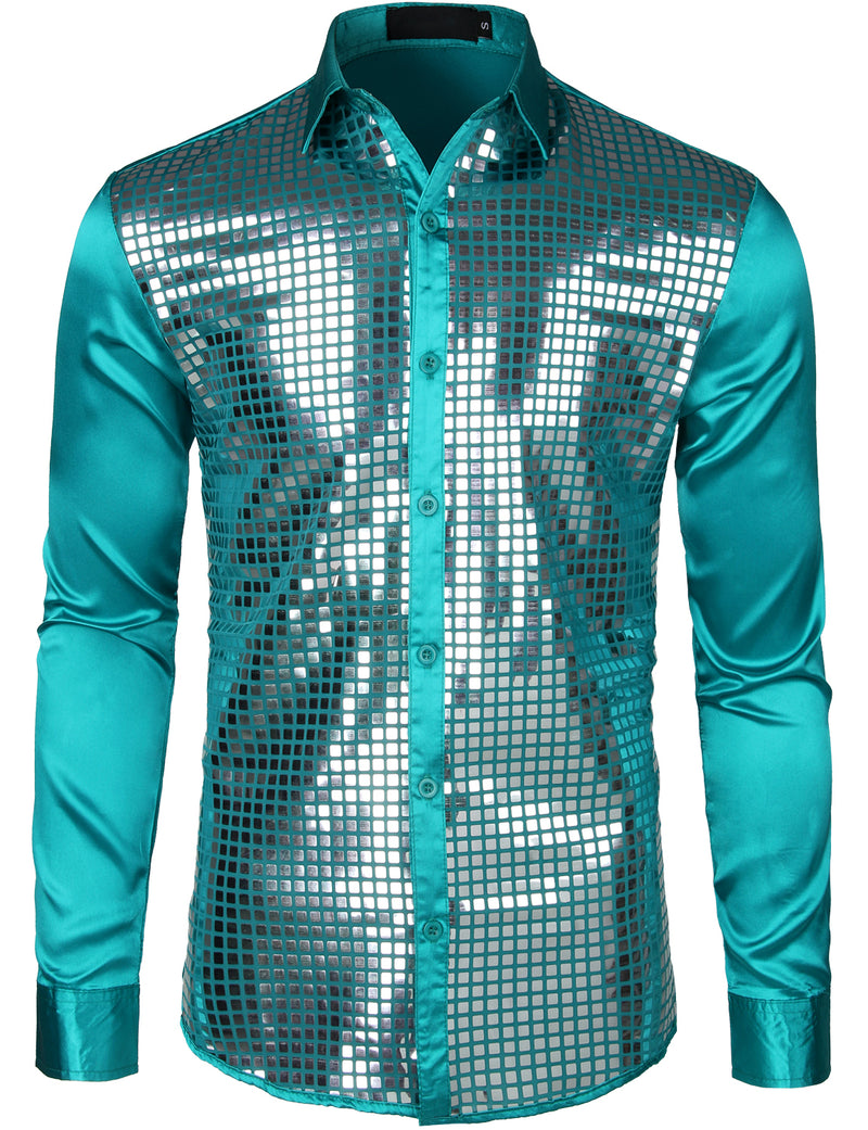 Mens Dress Shirt Silver Sequins Long Sleeve Button Down Disco Shirt Party Costume