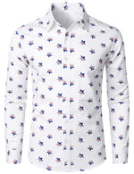 Men's Stars and Flag Print White Button Long Sleeve Shirt