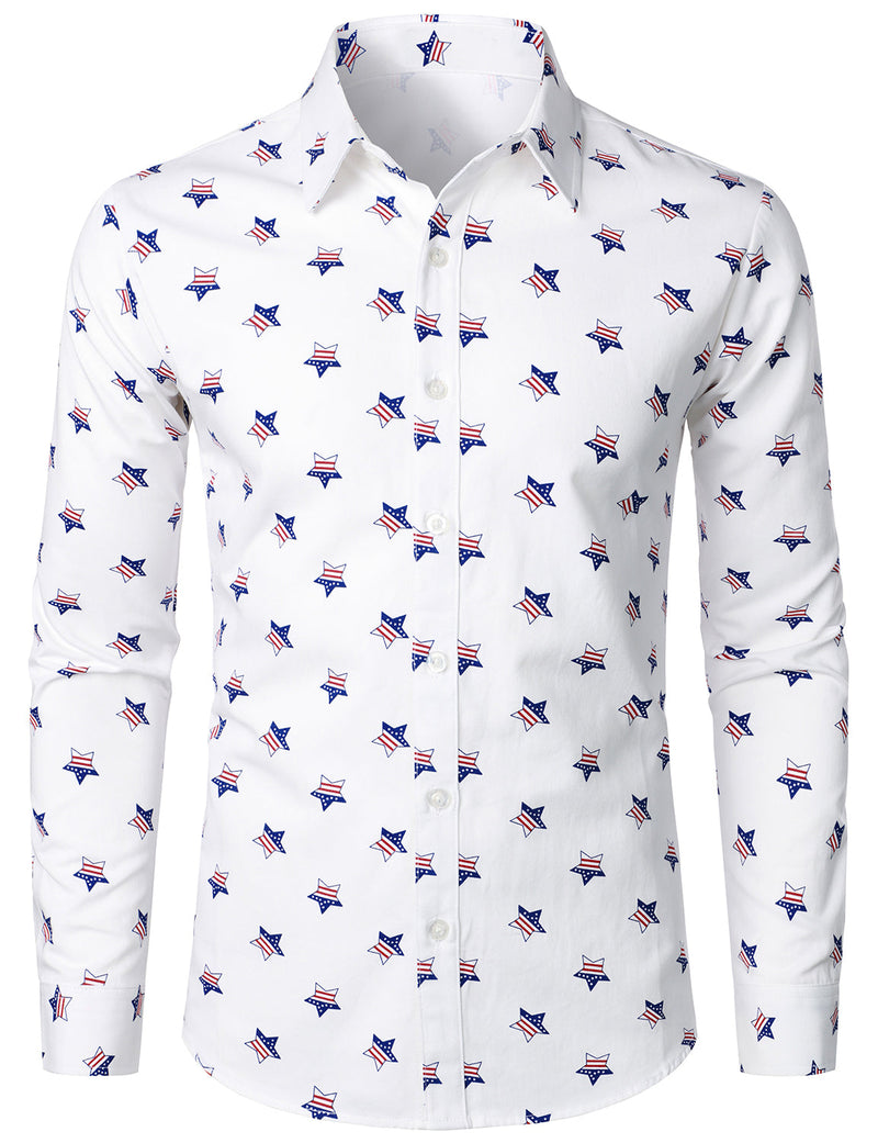 Men's Stars and Flag Print White Button Long Sleeve Shirt