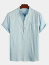 Men's Solid Color Stand Collar Half Button Pocket Front Shirt