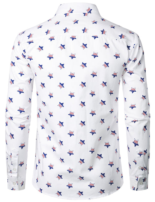 Men's Stars and Flag Print White Button Long Sleeve Shirt