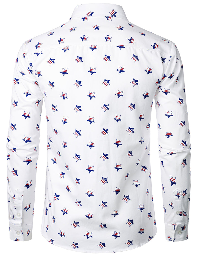 Men's Stars and Flag Print White Button Long Sleeve Shirt