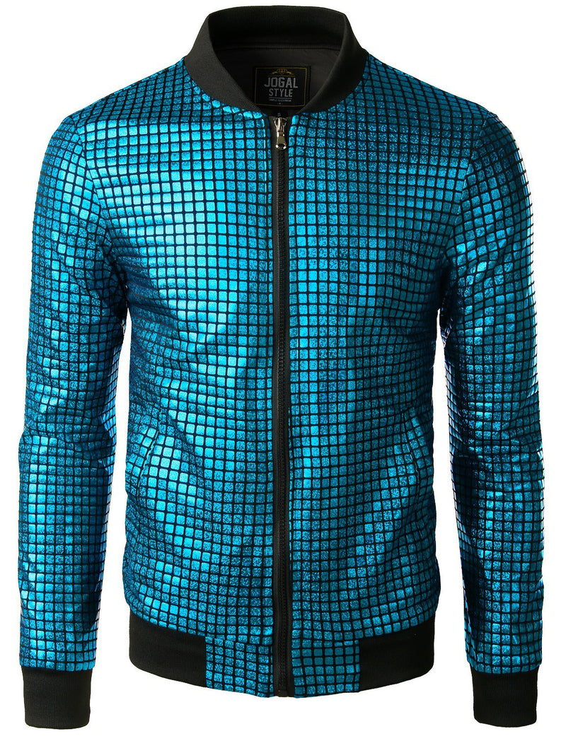 Men's Metallic Sequins Baseball Bomber Jacket Disco Party Costume
