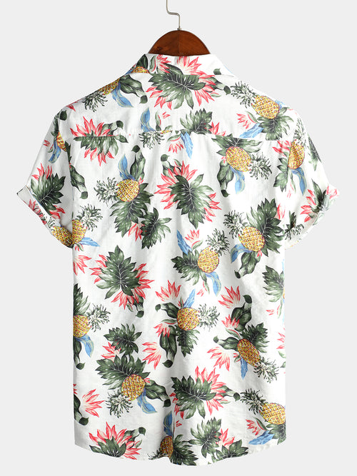 Men's Hawaii Pineapple Print Short Sleeve Cotton Shirt